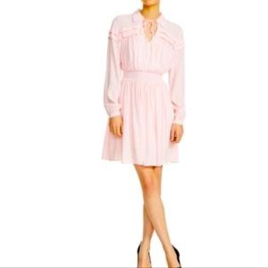 Maje Rubin Smocked Blouson Dress Pink Long Sleeves
